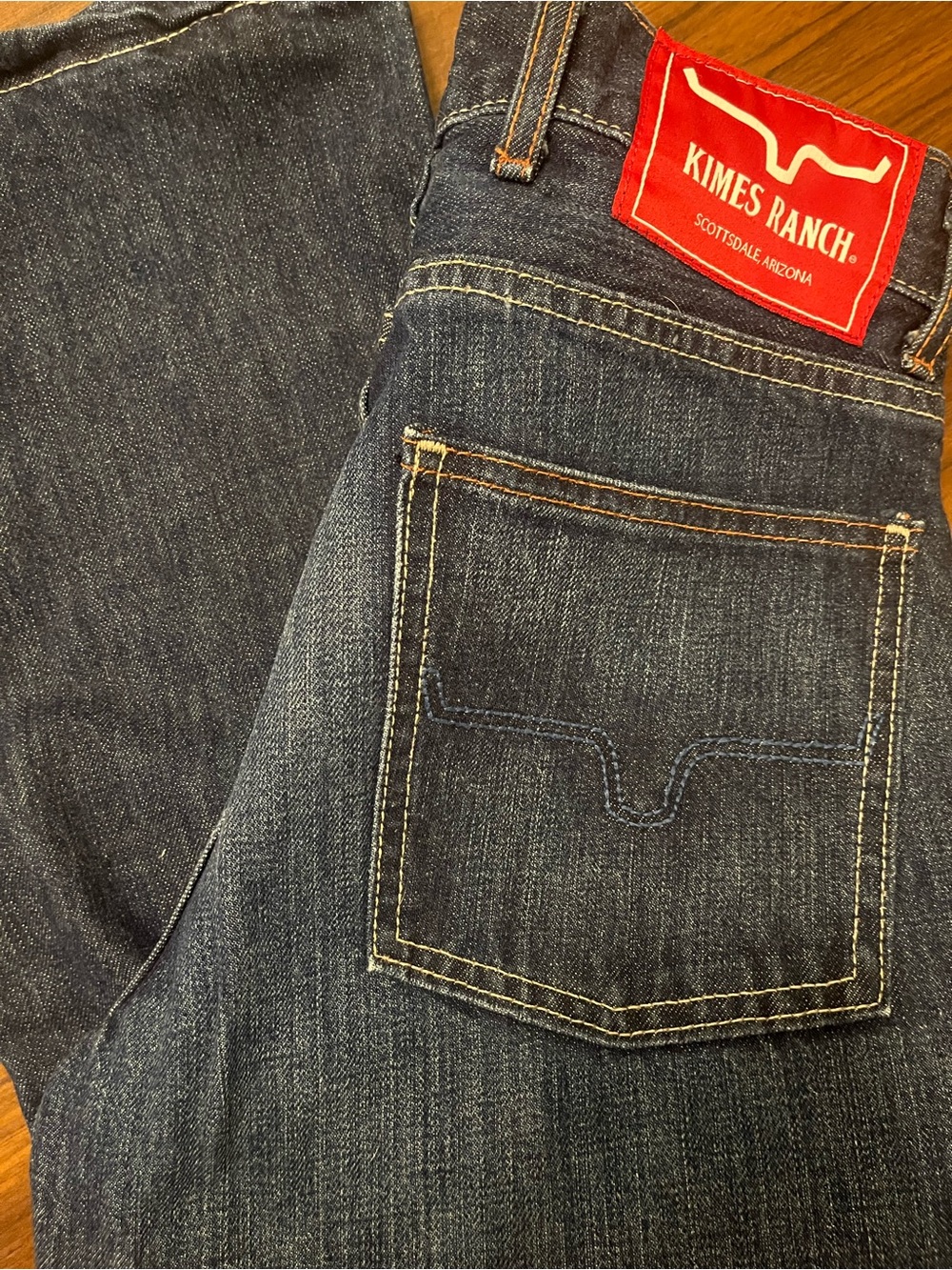 Kimes Ranch Men's Dark Blue Bootcut Jeans with Red Logo Patch